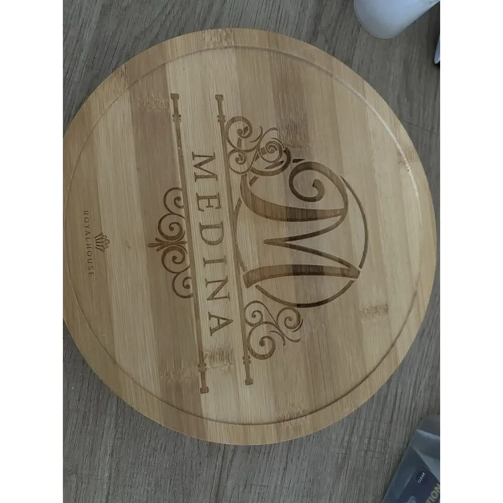 Royal House Medina Bamboo Round Cheese Board with Tray & 4 Cheese Knives Set